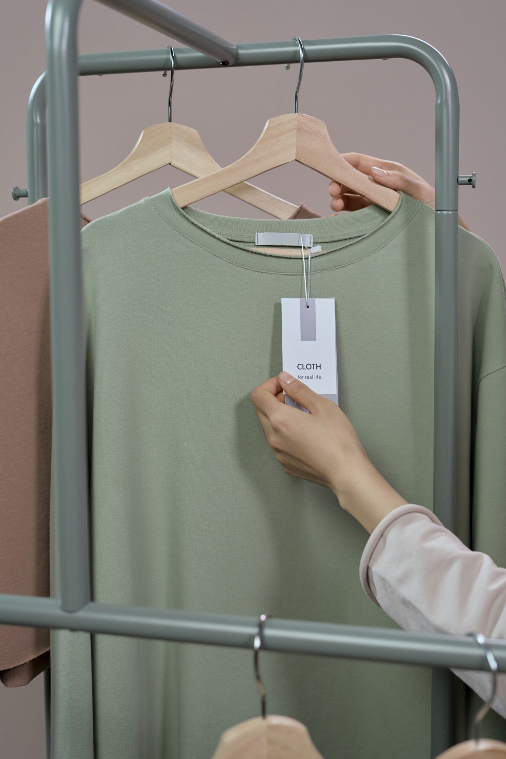 Hang tag on a green t-shirt